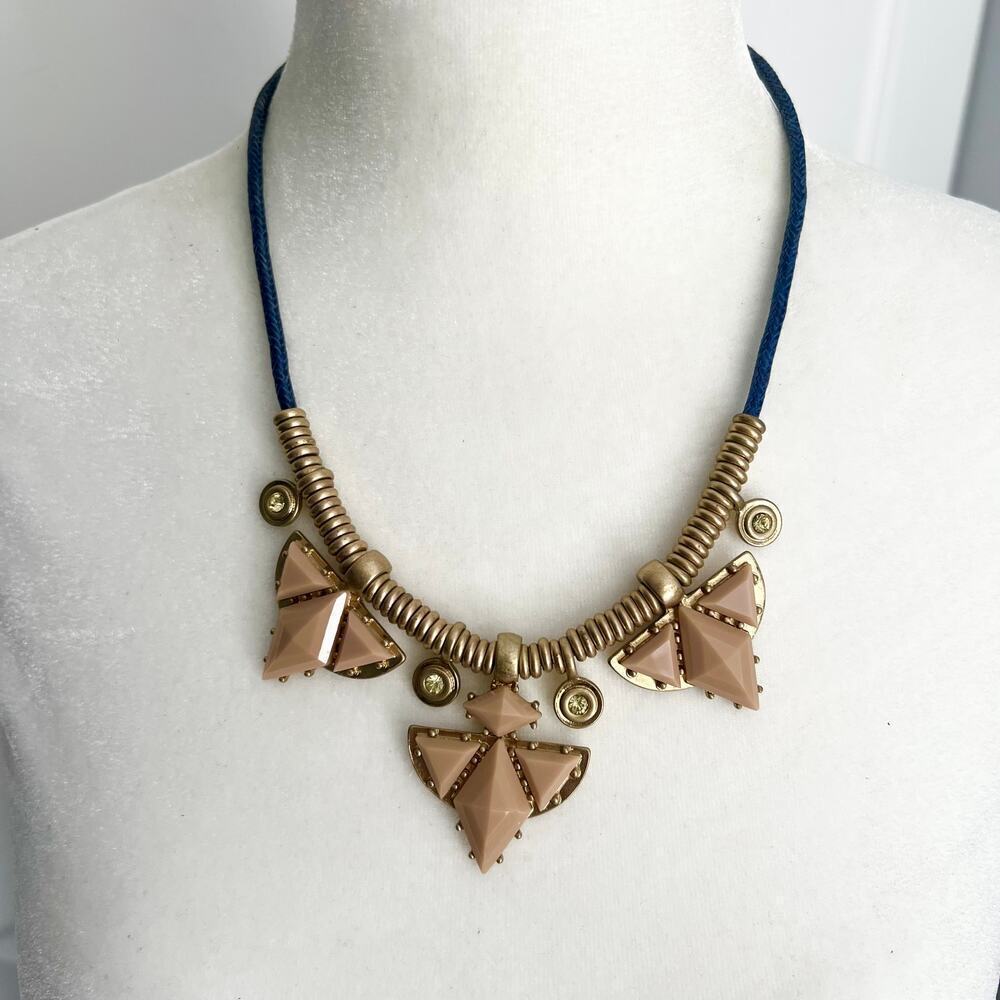 J. Crew Navy Blue and Tan Triangle Cord Bib Necklace